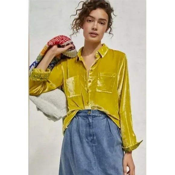 Pilcro and the Letterpress Tops - Pilcro and the Letterpress Chartreuse Green Velvet Button Down Shirt Womens 6